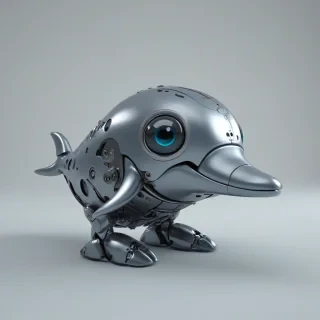 3d cartoon animation, metal colored, cute robotic dolphin, big eyes, short body, rounded features, tiny nose, showing the mechanics of the dolphin's insides, on a plain white background, even lighting