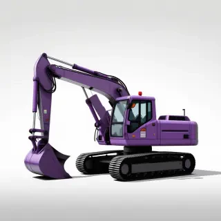 A contemporary, photorealistic, wide shot of a violet-colored excavator, with a full-body view, on a plain white background, with dynamic shadows and a hard rim light, in a minimalist style