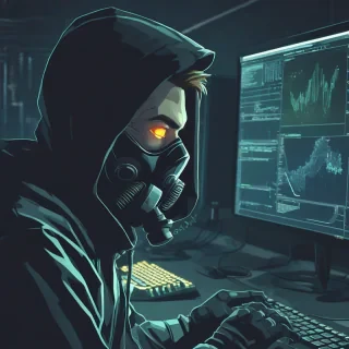 A hacker wearing a gas mask with softly glowing eyes, looming greedily of the screen of a large monitor, digital anime art style, profile view of the hacker