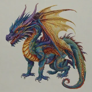 A full-body view of a fantasy dragon, in the style of cross-stitch embroidery, with vibrant colors and intricate details, set against a plain white background, with a wide shot and dynamic lighting, and a mix of satin and full stitches, on a plain white background, even lighting