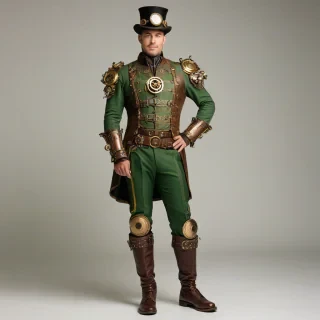 A full-body view of a steampunk superhero costume, primarily green in color, with brass accents and visible gears, set against a plain white background, in a wide shot, with the costume's intricate details and textures visible, and a mix of leather and metallic materials, with a focus on the costume's unique steampunk elements