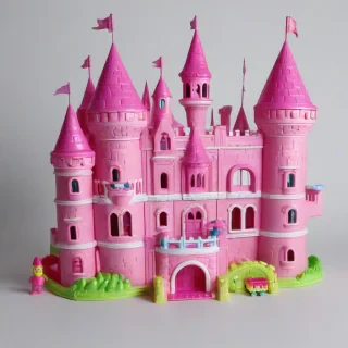 kid's toy, pink, plastic castle, on a plain white background, even lighting