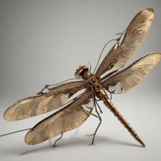 A highly detailed, steampunk style dragonfly with intricate brass gears, copper wires, and a mix of brown and golden leather textures, set against a plain white background, in a wide shot with the dragonfly's full body visible, including its delicate wings and long, slender tail, with a soft, warm backlight and dynamic shadows to accentuate its mechanical features, on a plain white background, even lighting 