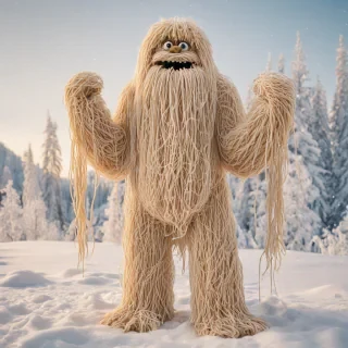 A yeti made entirely out of spaghetti, with long, tangled strands forming its shaggy fur, standing in a wide shot with its feet visible on a snowy background, with a warm and cozy lighting, in the style of a whimsical digital illustration