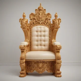 A majestic, ornate throne with intricate carvings, tan in color, set against a plain white background, in the style of Renaissance art, with golden accents and a regal, wide shot, full-body view of the throne, with high-quality, realistic textures and details, on a plain white background, even lighting 