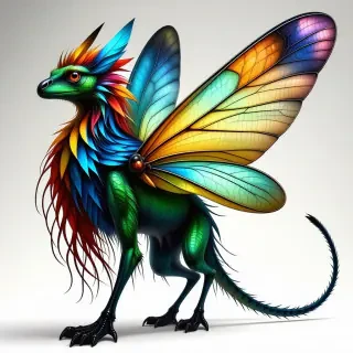 A fantasy creature with long limbs. It has a long and thin tail with a colorful plume of long feathers on the end. The creature has a mane of long feathers that drape down its long neck. The creature has large dragonfly wings attached to its back and the wings have an iridescent sheen. the creature's main body has very short greenish-blue fur. The creature