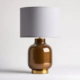 table lamp with bronze base and light grey lamp shade