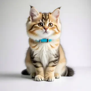 A full-body view of a pastel colored, fluffy kitten, with a sky blue collar and a cute expression, sitting on a plain white background, in a Rococo style, with intricate details and soft lighting, wide shot, feet visible