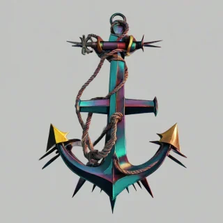 A punk style boat anchor, with a bold, metallic color scheme and spiked details, in a wide shot, with the entire anchor visible, including the rope and the anchor's base, on a plain white background, in a digital art style with bold lines and vibrant colors, with a sense of dynamic movement and energy, on a plain white background, even lighting 