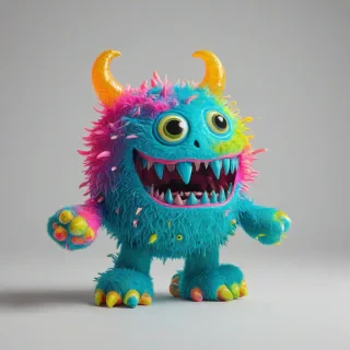 bubbly, happy, neon colored monster, on a plain white background, even lighting