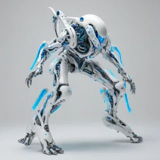 a full-body view of a biomechanical creature with a predominantly white and metallic exoskeleton, neon blue accents, and visible mechanical components, set against a plain white background, in a futuristic, high-tech style with a mix of digital painting and 3D art elements, wide shot, feet visible, with a sense of dynamic movement and energy