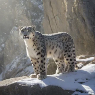 A snow leopard rock hybrid, digital art style, wide shot, full-body view, Magical background, dynamic shadows, backlight, with a mix of realistic and fantastical elements, intricate details on the rock texture and snow leopard fur, vibrant colors