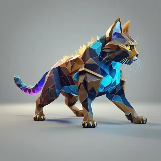 A low poly, cat world themed Zelda boss, full-body view, wide shot, with vibrant colors and dynamic shadows, on a plain white background, in a digital art style with bold lines and geometric shapes, with the boss's eyes and mouth glowing bright blue, and its fur having a subtle gradient effect, with a hint of fantasy and adventure in the atmosphere, on a plain white background, even lighting