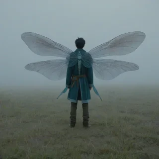 A man in loose, thick clothing with large, expansive dragonfly-inspired 2D anime wings, standing in a foggy, desolate grassland with subtle volumetric fog lighting