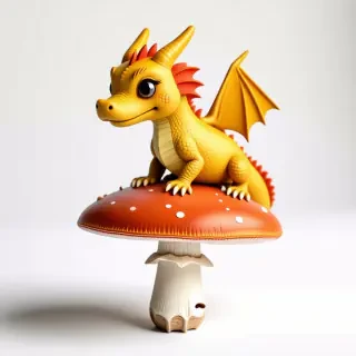 a small yellow dragon sitting on a mushroom