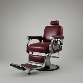 vintage burgundy colored barber chair, on a plain white background, even lighting