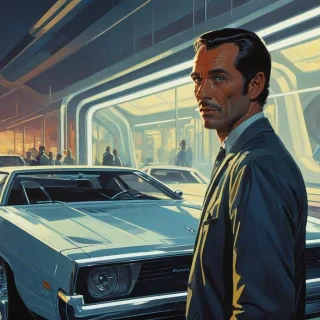 Syd Mead style art of a man with glowing eyes