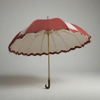 A full-body view of an antique red and white umbrella with scalloped edges, brass and wood handle, on a plain white background, with a wide shot and the umbrella's feet visible, in the style of a vintage illustration, with soft lighting and dynamic shadows, on a plain white background, even lighting 
