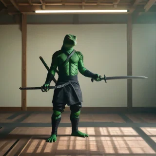 A full-body view of a lizard ninja standing in a dojo, with a green scaly skin, wearing a black ninja costume, and holding a sword in its right hand, in a wide shot, with dynamic shadows and a backlight, in the style of a digital illustration
