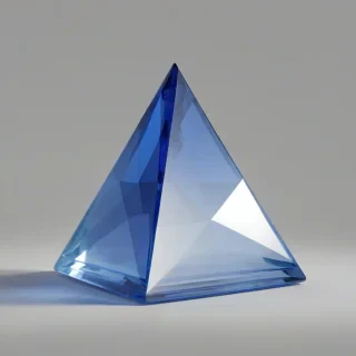 A full-body view of a translucent sapphire blue pyramid with a wide base and four triangular faces, set against a plain white background, with soft, diffused lighting and subtle shadows to accentuate its crystalline structure, in a digital art style with bold lines and vibrant colors, on a plain white background, even lighting 