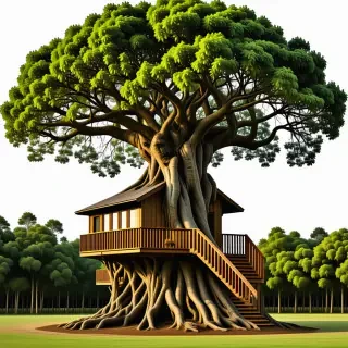 A large tree with a huge treehouse in it