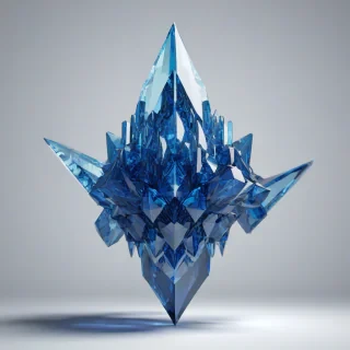 A full-body view, detailed, sapphire blue, pixel art crystal formation, with intricate geometric patterns, on a plain white background, with a wide-angle shot, and dynamic shadows, on a plain white background, even lighting