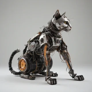 post apocalyptic style, robotic cat made from scraps from a junk yard, on a plain white background, even lighting