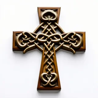 A wooden Celtic knotted cross with serpents decorating the border.