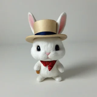 chibi style white rabbit wearing a hat, on a plain white background, even lighting