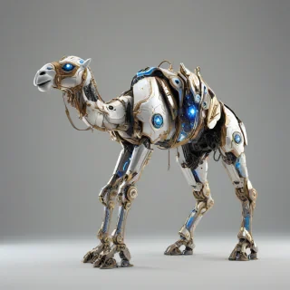 A futuristic camel mecha, full-body view, standing on a plain white background, with a metallic silver and gold body, glowing blue eyes, and a saddle on its back, in a wide shot, with dynamic shadows and a backlight, in the style of digital art, with intricate details and textures, on a plain white background, even lighting 