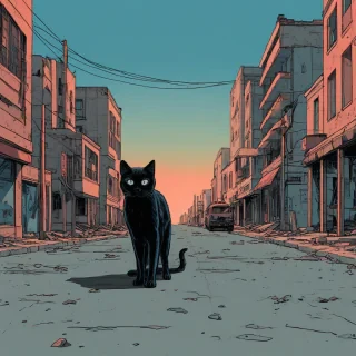 A dystopian graphic novel featuring a small, mangy black cat in a desolate and oppressive world with a muted color palette of blue and red, evoking a sense of hopelessness and despair.