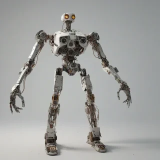 A slender robot made out of various trash and scrap parts, with a mix of metallic and plastic components, in a wide shot with a plain white background, full-body view, with visible feet and a detailed, intricate design, in a digital art style with a focus on realism and textures, with dynamic shadows and a subtle backlight, on a plain white background, even lighting 