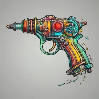 hand-drawn style colorful ray gun. bright and vivid colors, on a plain white background, even lighting