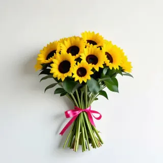A bouquet of sunflowers wrapped with a pink ribbon around the stems