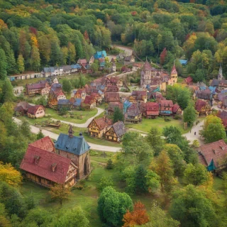 Renaissance era village in the forest in jewel tone colors, full-body view, wide shot