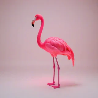 A full-body view of a pink, synthwave-inspired, neon-lit flamingo, with vibrant pink feathers, standing on a plain white background, with a wide-angle shot, and a retro-futuristic aesthetic, incorporating elements of 80s and 90s electronic music culture, with bold, bright colors and dynamic lighting