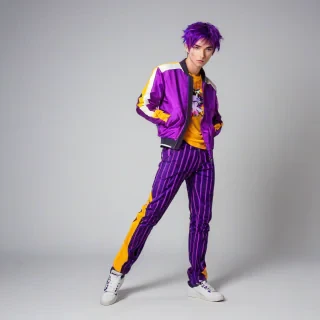 A full-body view of an anime man with vibrant, bright purple hair, dressed in a stylish outfit, set against a plain white background, in the style of pop art with bold lines and bright colors, dynamic shadows, and a wide-angle shot, on a plain white background, even lighting 