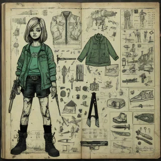 Comic book page with hand-drawn small girl, faded green and black baggy and grungy clothes, intricate grunge patterns details, weapons and side diagrams
