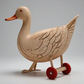 A detailed outline of a duck made out of wood, with a full-body view, on a plain white background, featuring red wood wheels under it, in a wide shot, with the wheels clearly visible, and the duck's feathers and beak intricately carved out of wood, in a rustic, handcrafted style, on a plain white background, even lighting 