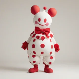 A full-body view of Mr. Mime the pokemon, wearing a white and red clown costume, with a sad expression, standing on a plain white background, in a wide shot, with a soft, warm lighting and a subtle shadow effect, in the style of a digital illustration