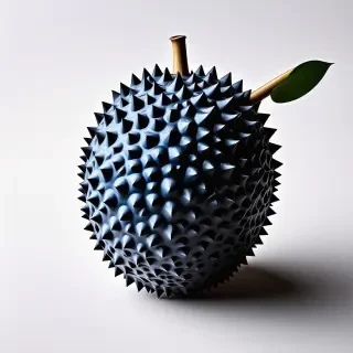 A full-body view of a Sapphire blue, grunge-style, durian fruit, with a rough and spiky exterior, set against a plain white background, with dramatic lighting and dynamic shadows, in a wide-angle shot, with the fruit's stem and leaves visible