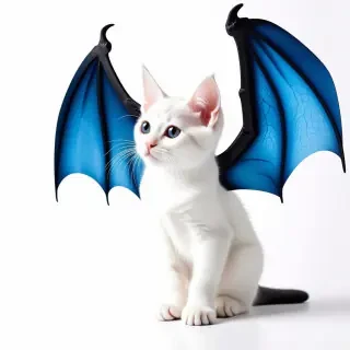 white kitten with big blue dragon wings on it's back, and the wings are open