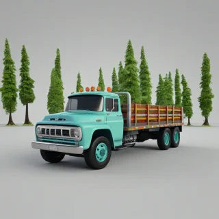 3d cartoon animation style, old truck, no background, truck fully visible, trees around the truck, vivid colors, bright lighting, on a plain white background, even lighting