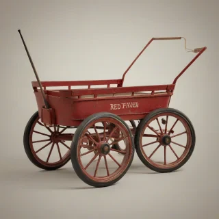 A detailed, antique red Radio Flyer wagon, with a full-body view, wide shot, and feet visible, on a plain white background, with a warm, nostalgic lighting, and a slight worn, vintage texture, in a realistic, high-definition, digital art style, on a plain white background, even lighting 