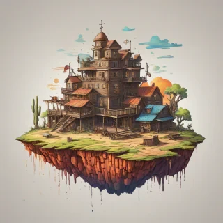 A majestic, isolated, floating island with a hand-drawn, cell shaded style illustration of an old, run down wild west town with bright and vivid colors, on a plain white background, even lighting