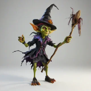 A full-body view of a witch goblin in a whimsical, hand-painted style, with vibrant colors and bold brushstrokes, set against a plain white background, with the witch goblin's feet visible, wearing a pointed hat and holding a wooden staff, in a wide-angle shot with soft, dynamic lighting and subtle shadows, on a plain white background, even lighting