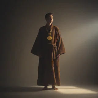 A cult member, full-body view, wearing a brown robe with a golden emblem on the chest, standing in a dimly lit room, softbox lighting, digital art style, high contrast, no facial expressions, feet visible, wide shot