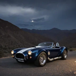 Shelby Cobra on black cylinder, tiny spotlights, night, mountain range background