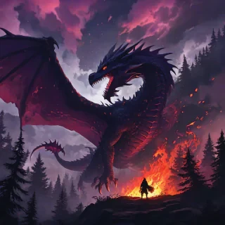 Digital anime art style silhouette of a dragon staring at a beautiful burning forest with dark purple and vibrant red flames, with beautiful fluffy clouds above