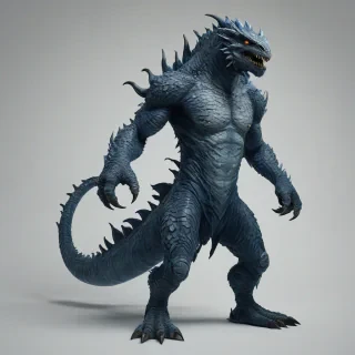 A full-body view of a dark fantasy monster named Slate, with slate grey and dark blue scales, standing on a plain white background, with a wide shot and its feet visible, in a digital art style with dynamic shadows and a hard rim light, with a focus on its menacing presence and sharp teeth, on a plain white background, even lighting